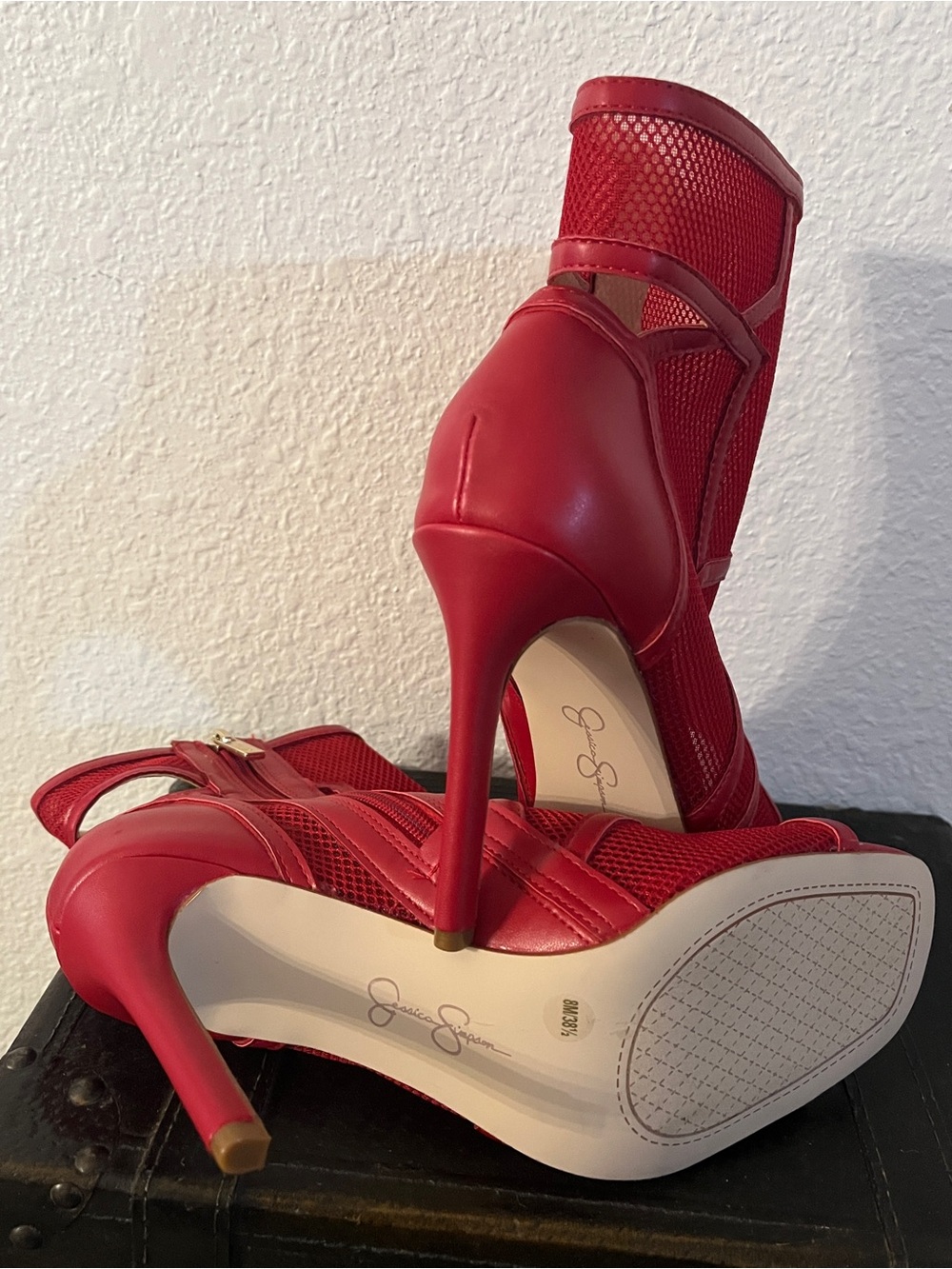 Jessica Simpson Red Open-Toe Ankle Heeled Booties - Picture 8 of 8